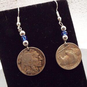 ACTUAL 1935 BUFFALO HEAD NICKEL DANGLY BEAD PIERCED EARRINGS A1